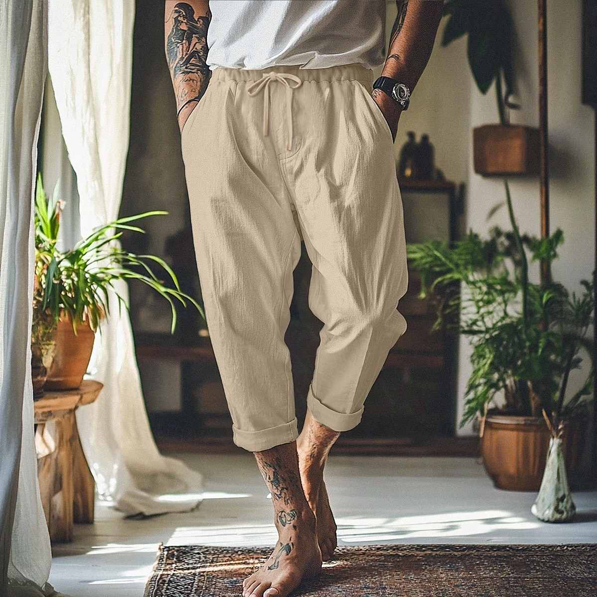 Men's Linen Pants Trousers Summer Pants Baggy Pants Beach Pants Front Pocket Pleats Straight Leg Plain Comfort Breathable Full Length Outdoor Vacation Party Vacation Fashion Loose Fit Black White 2025 - $22.99 –P2