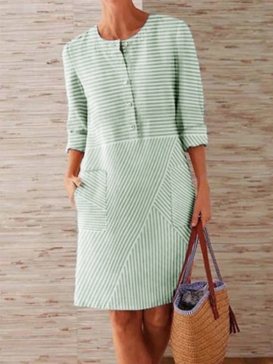 Women's Mini Dress Summer Dress Casual Daily Regular Fit Graphic Striped Long Sleeve Crew Neck Light Green Sky Blue Gray Summer 2025 - $26.99 –P4