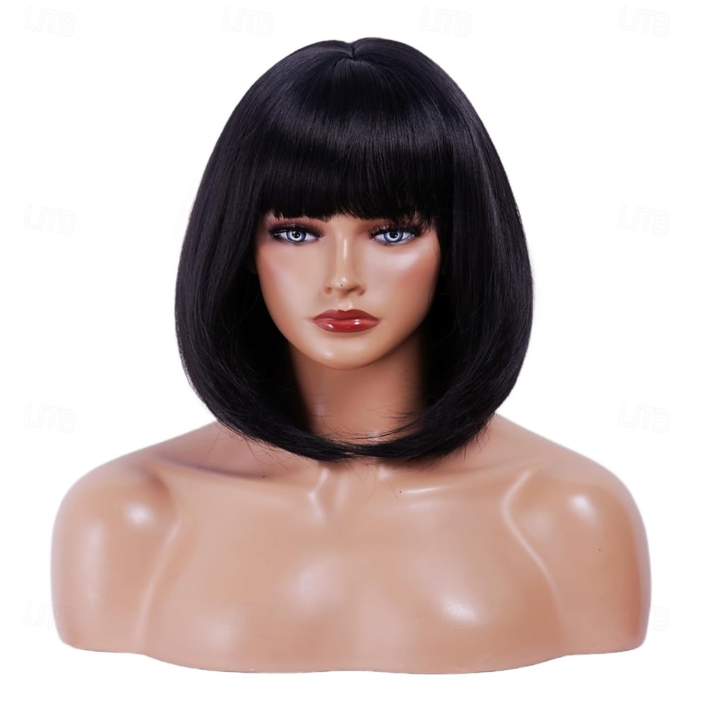 Parrucca rugelyss nera corta e liscia con frangia, 12 pollici, parrucche sintetiche per donne e ragazze con cuffia per parrucca del 2025 a $25.99 –P7