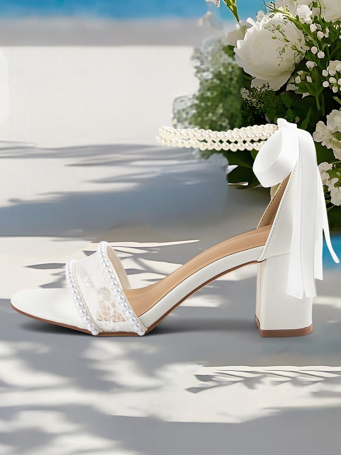 Women's White Bridal Sandals with Lace and Pearl Detailing, Block Heel Design for Beach Weddings and Summer Ceremonies 2025 - $46.99 –P2
