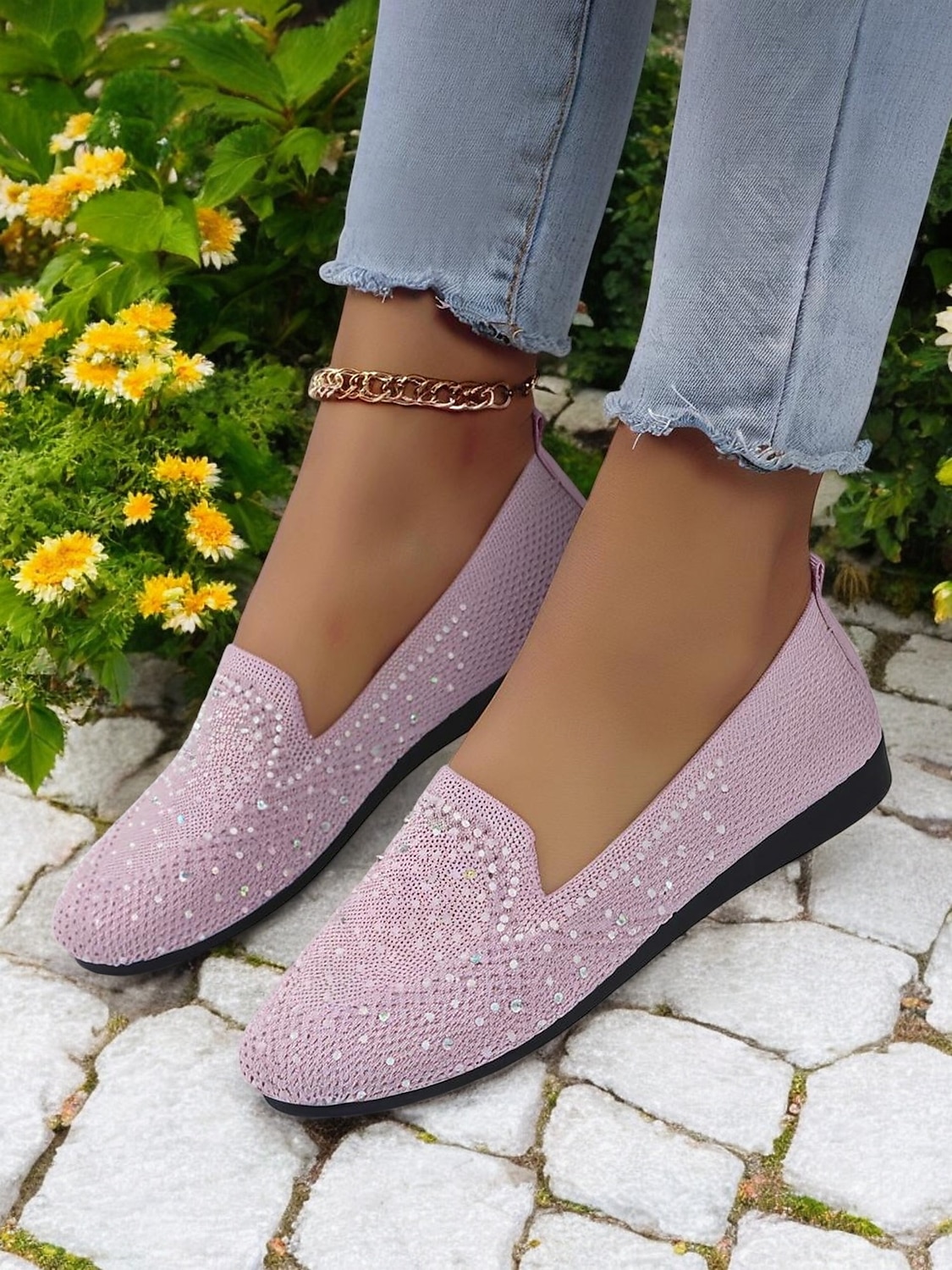pantofi flyknit strălucitori pentru damă, cu strasuri – pantofi eleganti pentru ținute casual și ieșiri de primăvară 2025 - $19.99 –P5