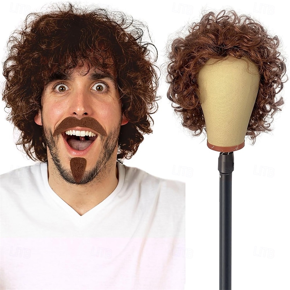 parrucca riccia castana - parrucca afro retrò da uomo per feste in maschera anni '60, '70 e '80 del 2025 a $25.99 –P1