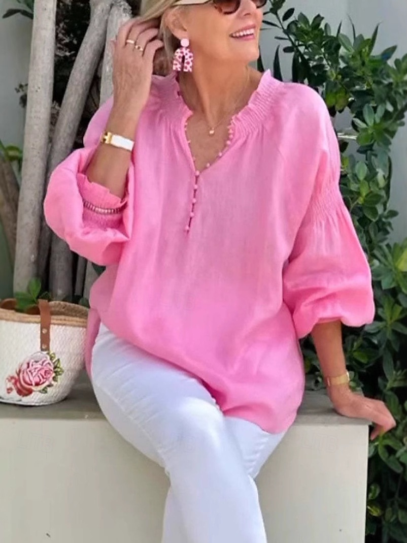 Per donna Blusa Tinta unica Elegante Casual Manica Lunga Scollo a V Top Regolari Quotidiano Ferie Bottoni Bianco Giallo Rosa Blu Grigio Estate Primavera del 2025 a $28.99 –P3