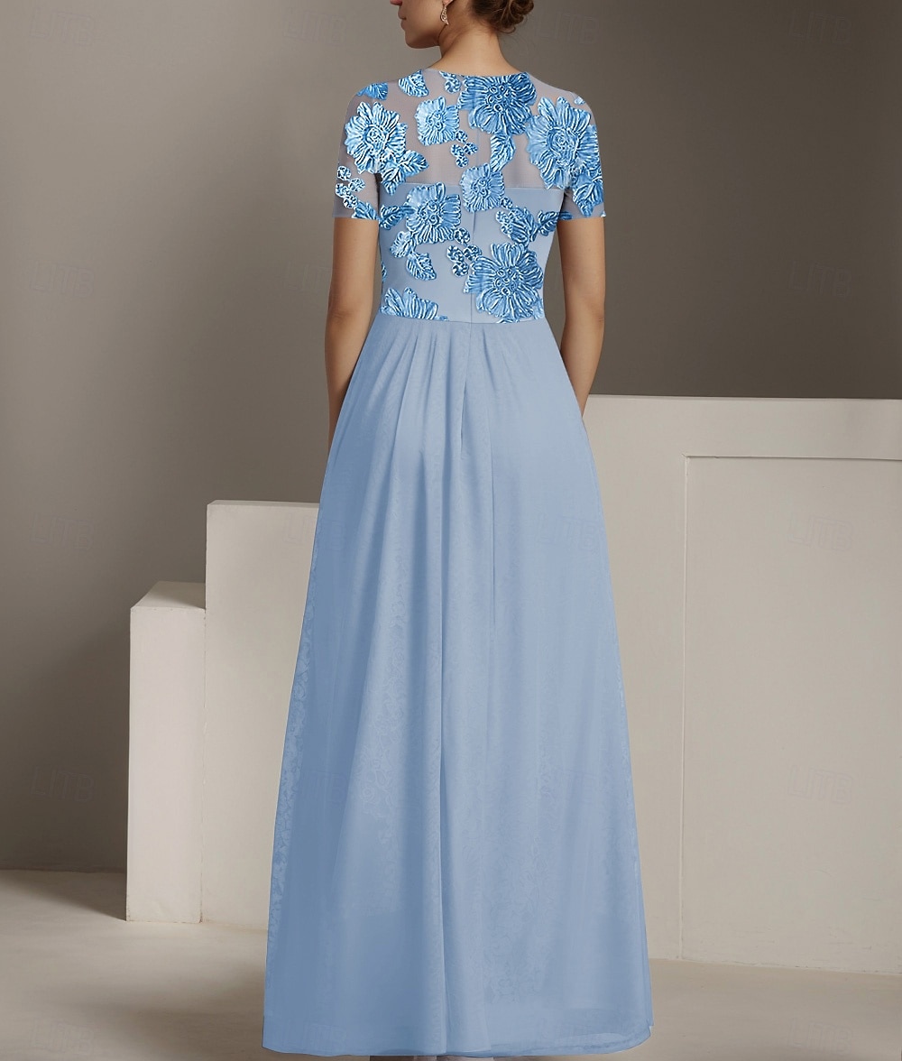 Blue Jumpsuit / Pantsuit Satin Floral Lace Mother of the Bride Pantsuit Elegant Simple Minimalist Crew Neck Floor Length Chiffon Lace Short Sleeve 2025 - $148.99 –P3