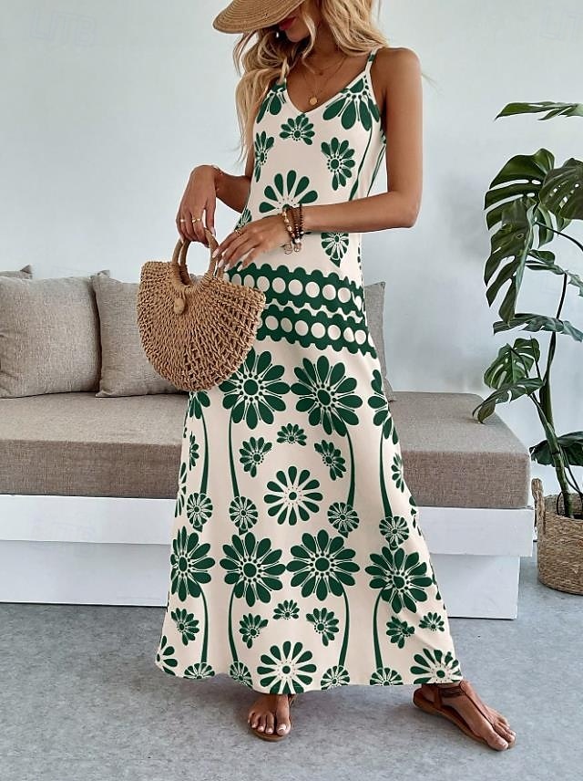 Női Maxiruha A vonalú ruha Slip ruha Szabadság Alkalmi Boho Parti Alkalmi Standard Virágos Grafika Ujjatlan V-alakú Narancssárga piros Fekete Medence Lóhere Nyár Tavasz 2025 - $31.99 –P16