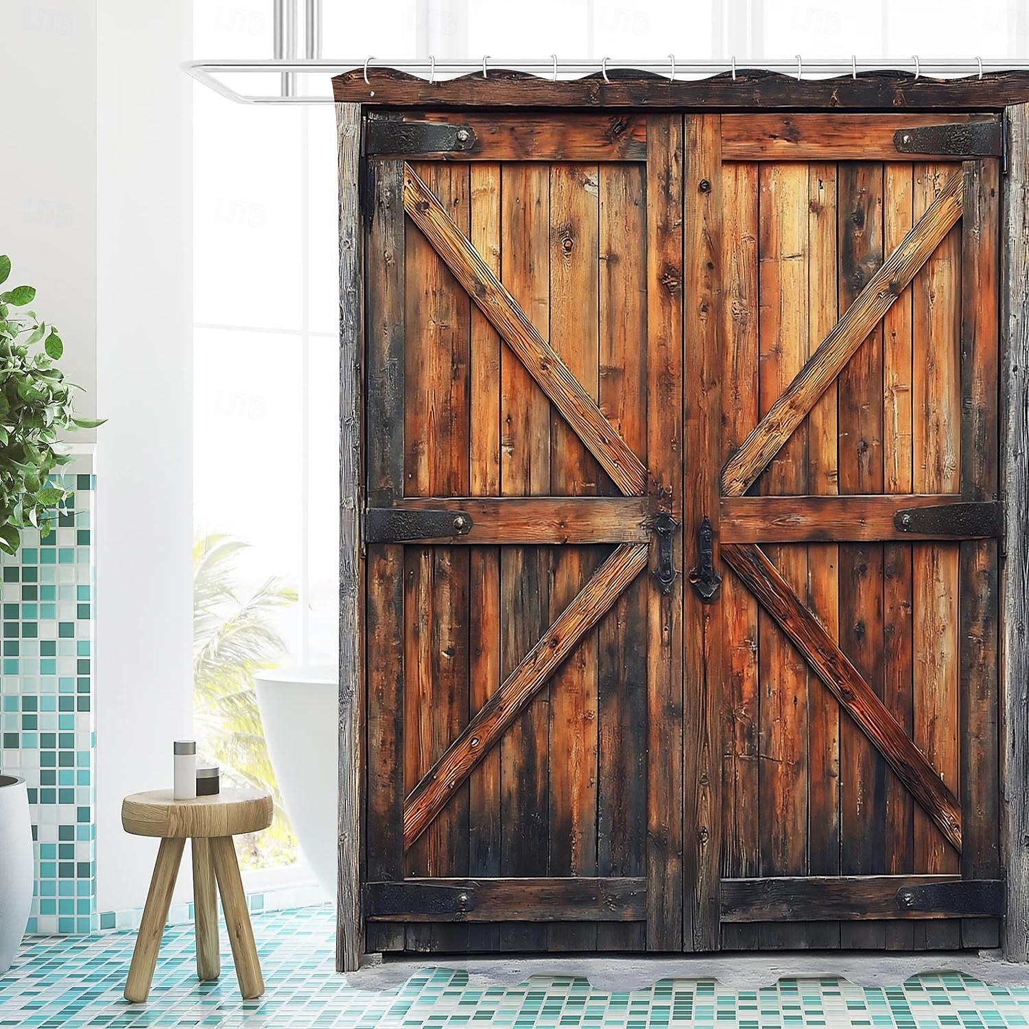 Zuhanyfüggöny 12 kampóval 180cm*180cm (70"*70") poliészter gépben mosható vízálló vintage hamis ajtó pajta minta 2025 - $19.99 –P9