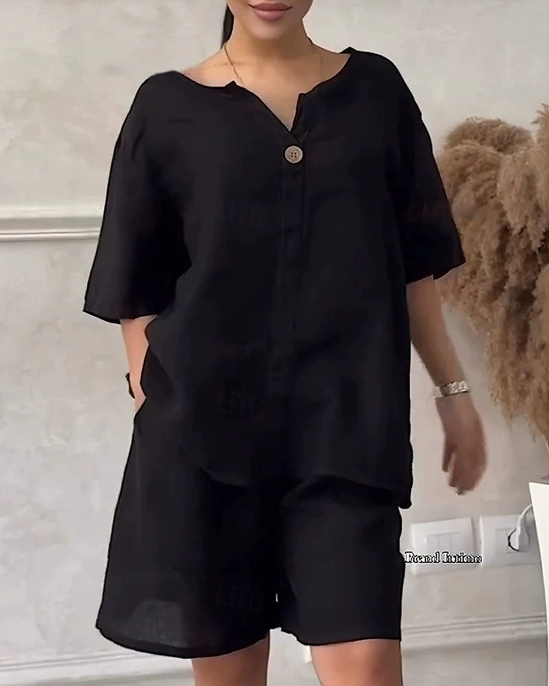 Women's Fashion Streetwear Cotton Linen Sets Two Piece Sets Shorts Sets Short Sleeve V Neck Daily Wear Date Black White Army Green Summer Regular Fit 2025 - $26.99 –P3