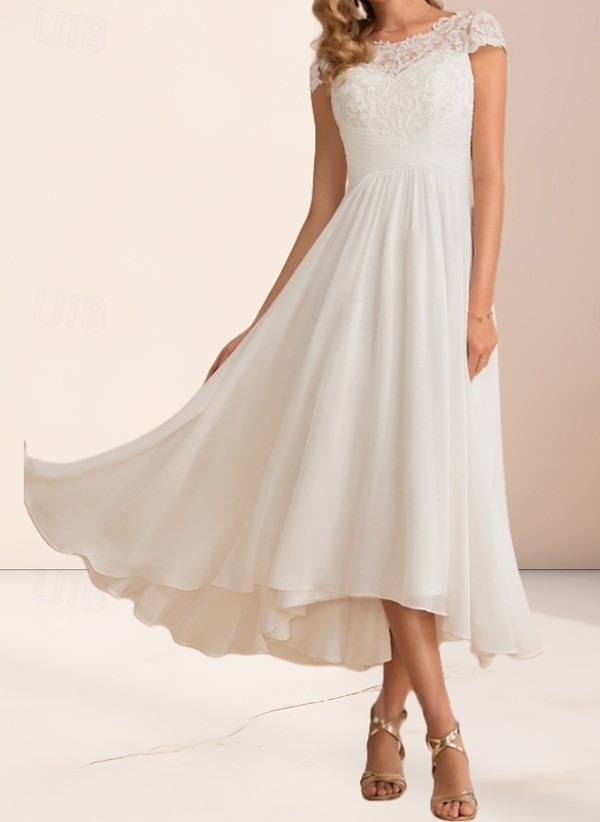 Engagement Little White Dresses Wedding Dresses A-Line Boat Neck Regular Straps Asymmetrical Chiffon Bridal Gowns With Pleats Ruched 2025 - $149.99 –P1
