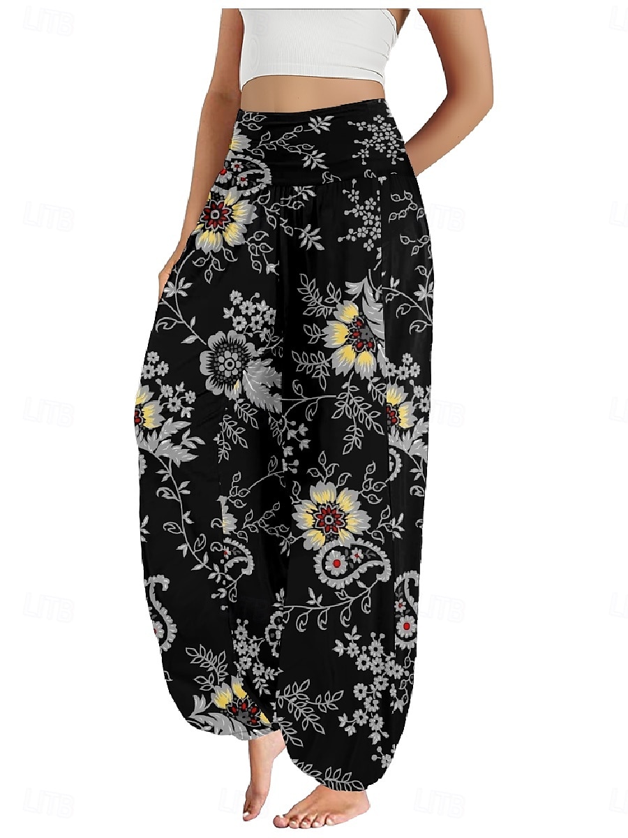 Dam Linneinspirerade byxor Brett skaft Byxor Etnisk Stil Ledigt Boho Fullängd Hög midja Blommig Ficka Elastisk midja Tryck Mateial som andas Mjuk Microelastisk Utomhus Yoga Svart Rosa Marinblå Blå 2025 - $21.99 –P13