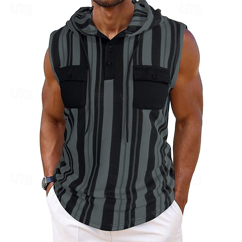 Herr Linne Undertröjor Ärmlös tröja Ärmlös Huva Sommar Randig Mode Designer Grundläggande Ficka Semester Gata Utekväll Svart Blå Mörkblå Topp t-shirt för män 2025 - $30.99 –P14