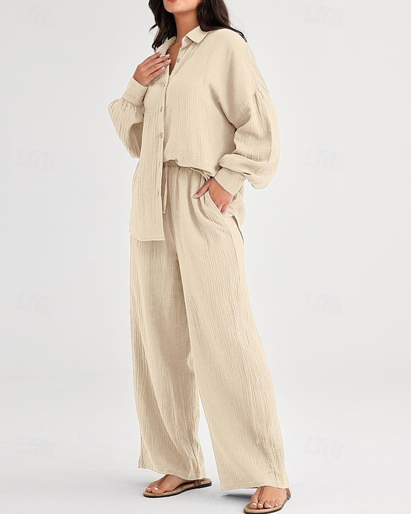 Dam Mode Streetwear Skjorta Tvådelade set Byxuppsättningar Långärmad Tröjkrage Ensfärgat Snörning Dagliga kläder Datum Svart Vin Armégrön Vår Normal 2025 - $38.99 –P14