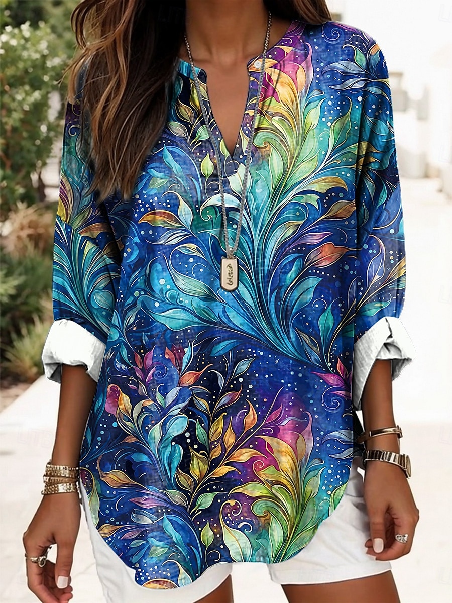 Damen Bluse Sommer Oberteile Blumendruck Vintage Tropen Hawaii Langarm V-Ausschnitt Reguläre Oberteile Täglich Feiertag Strandmode Druck Marineblau Blau Lila Grün Beige Sommer Frühling 2025 - $24.99 –P5