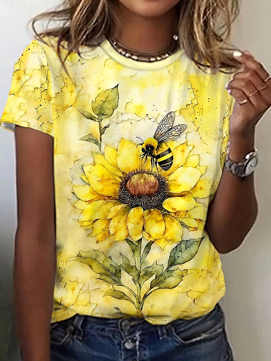 2026年 女性用 Tシャツ プリント フラワー グラフィック ディスコライト ヴィンテージ スタイリッシュ クラシック 半袖 クルーネック ラウンドネック レギュラートップス 日常 イエロー 夏 春  コレクション – $22.99 –P1