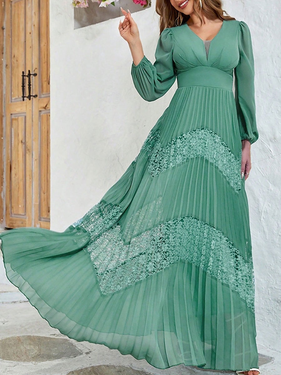 Kleid Mutter der Braut Kleid Elegant V-Ausschnitt Bodenlang Chiffon Langarm in einfarbig 2025 - $89.99 –P5