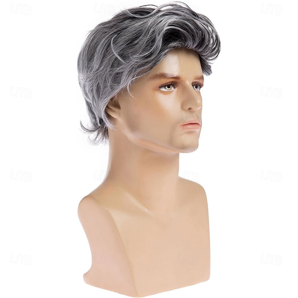 pánská šedá paruka krátká šedá vrstvená halloween cosplay paruka anime kostým party vlasy pro muže 2025 - $25.99 –P4