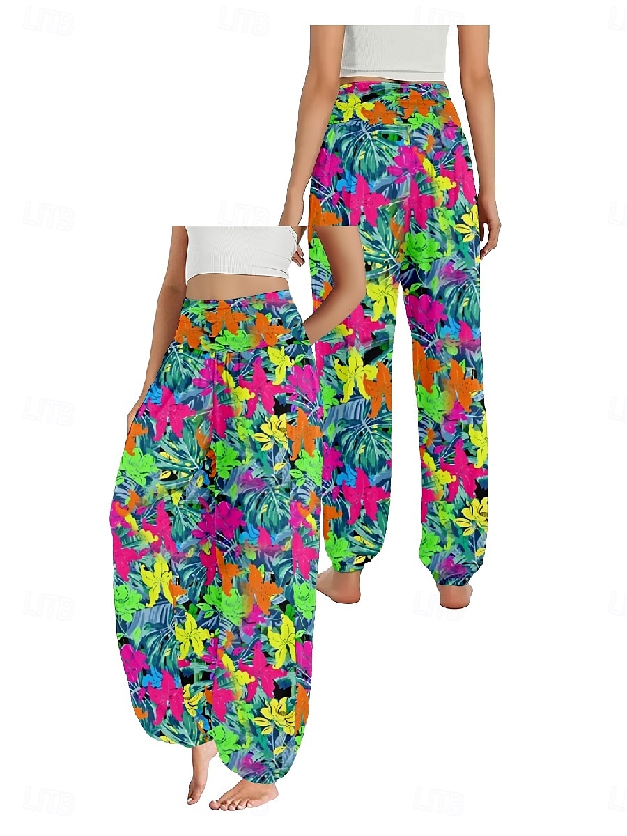 Women's Linen-Inspired Pants Wide Leg Pants Trousers Ethnic Style Casual Boho Full Length High Waist Floral Graphic Pocket Elastic Waist Printing Breathability Soft Micro-elastic Outdoor Yoga Blue 2025 - $21.99 –P3