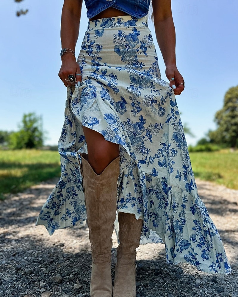 Femmes Jupe Occasionnel Boho Maxi Taille Basse Jupes Fleuri Imprimé Fendu Micro-Élastique Vacances Rue Blanche Été Polyester de 2025 ? $20.99 –P2