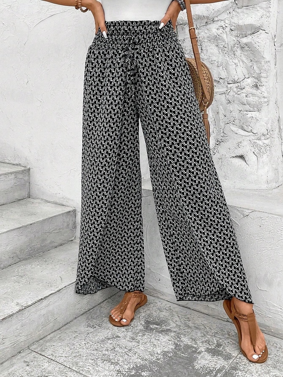 Kvinnors vida chinos baggy byxor semester mode full längd hög midja blommig elastisk midja tryck komfort utomhus mikro-elastisk semester gata avslappnad svart vit rosa khaki sommar vår 2025 - $24.99 –P9
