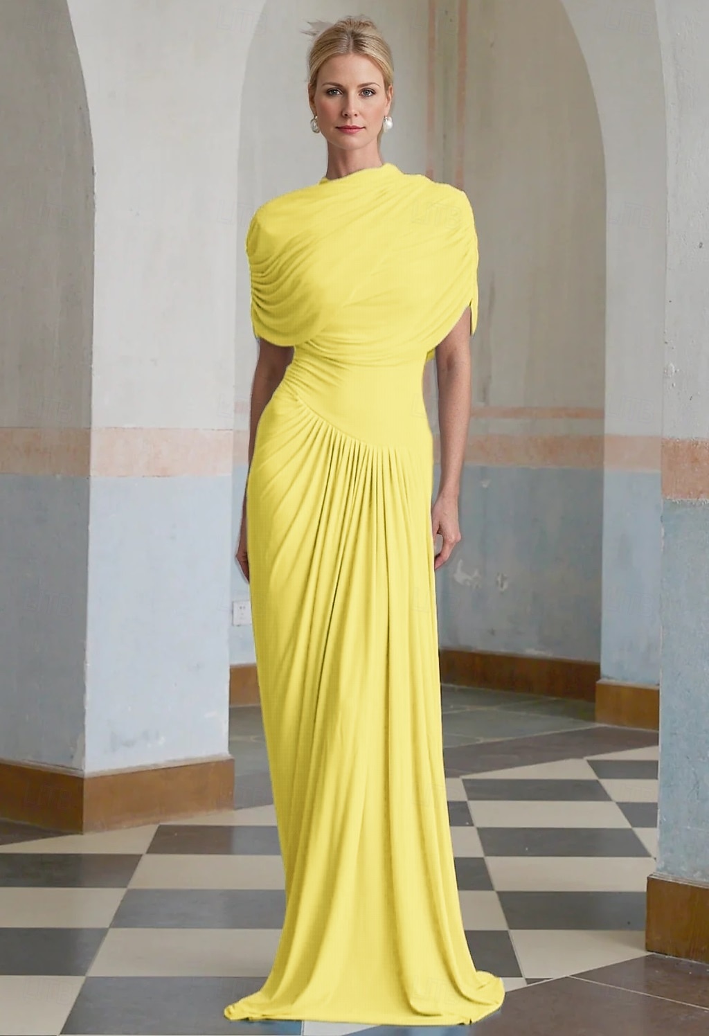 Robe de soirée colonne Bébé Robe élégante Robe formelle Invité de mariage Longueur sol Manches courtes Col haut Spandex avec châle drapé de 2025 ? $129.99 –P4