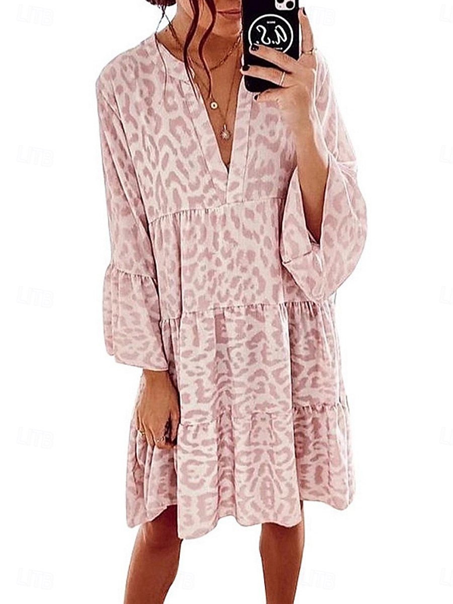 Dam Mini klänning Volangkjol Ledigt Utomhus Utekväll Lös passning Grafisk Leopard 3/4 ärm V-hals Svart Vit Rodnande Rosa Blå Sommar 2025 - $31.99 –P3