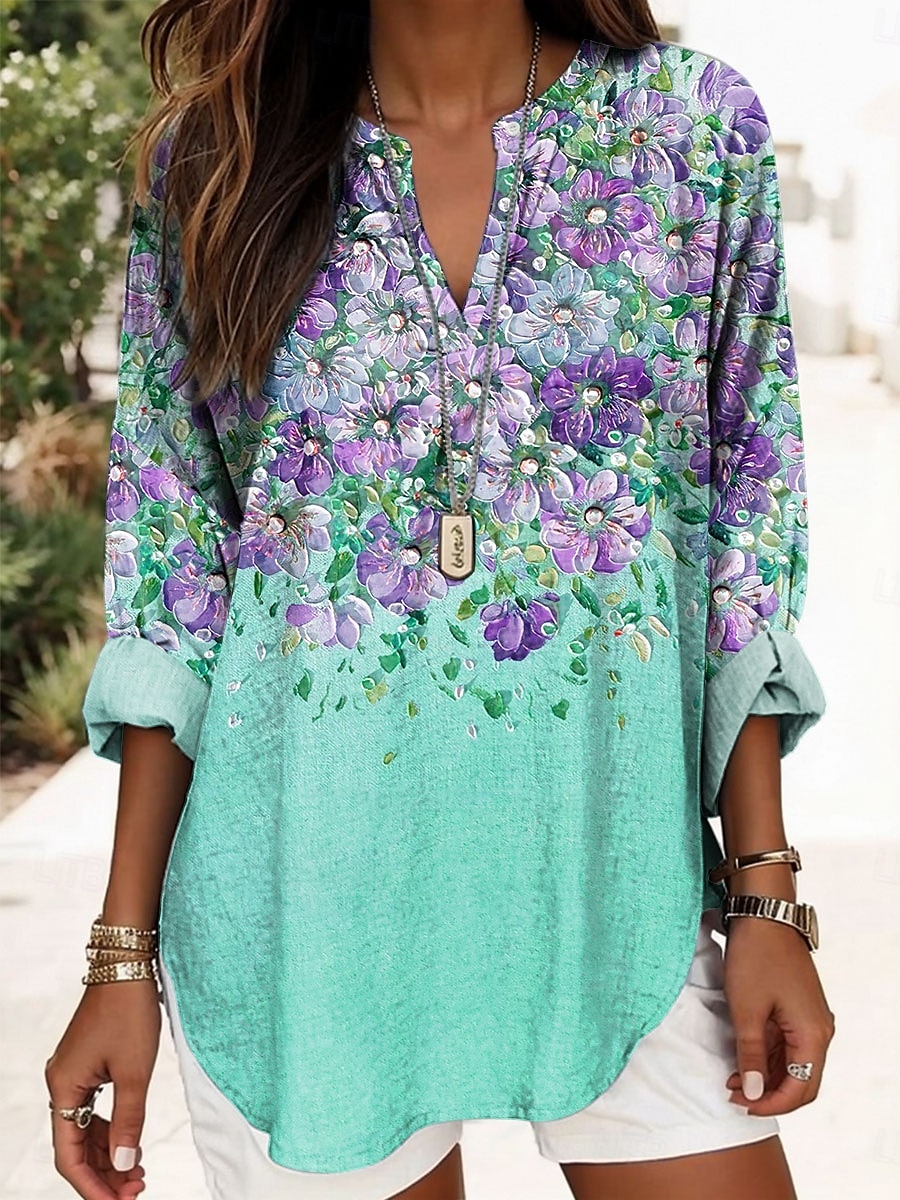 Blusa boho da donna floreale grafica elegante stilosa maniche lunghe collo a V top regolari quotidiani stampa blu viola verde estate primavera del 2025 a $24.99 –P3