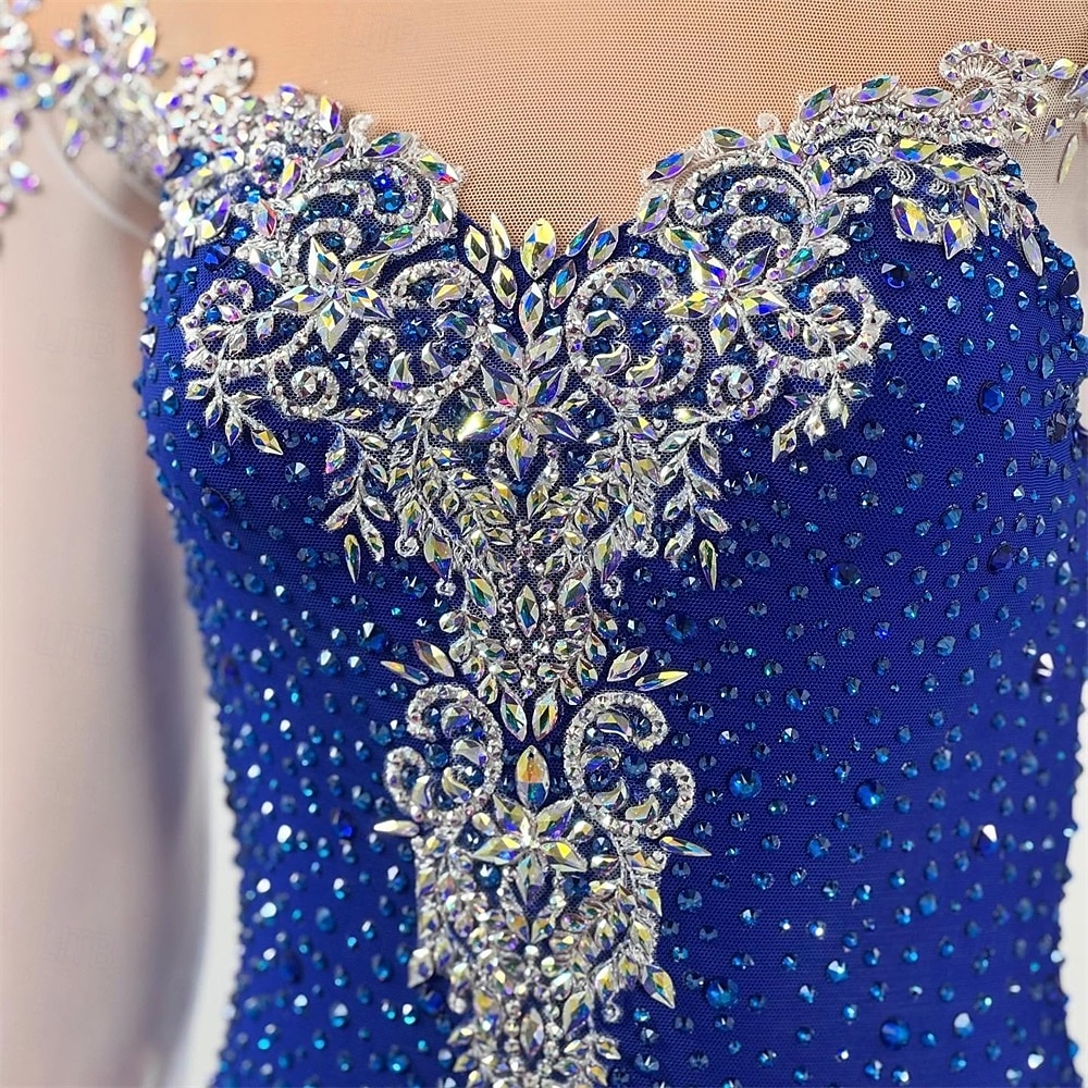 Kunstschaatsjurk Dames Voor meisjes Schaatsen Jurken Marine Blauw Duimopening Open achterkant Netstof Hoge Elasticiteit Opleiding Wedstrijd Kunstschaatskleding Klassiek Kristal / Bergkristal Lange 2025 - $201.09 –P2