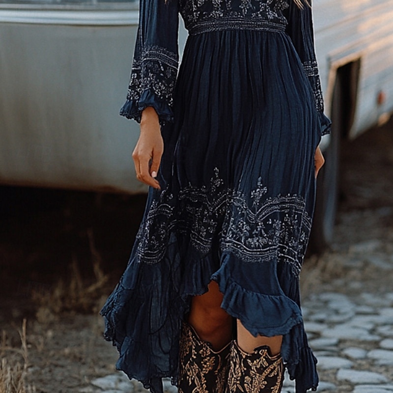 Femmes Robe Midi Robe bohème Robe occidentale Mode Classique Fête Sortir Week-end Coupe régulière Fleur manche longue Col en V Bleu de minuit Été de 2025 ? $37.99 –P3