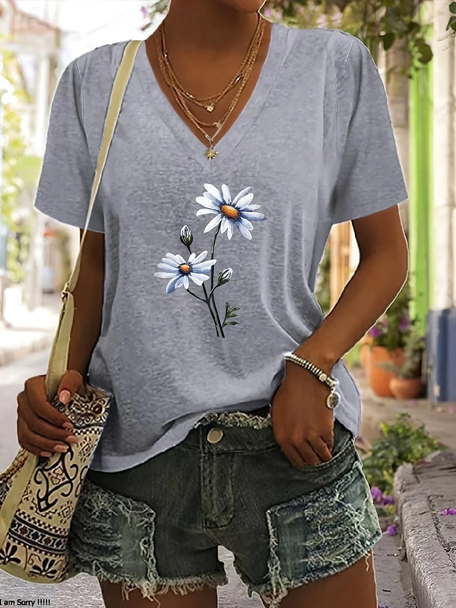Femmes T-shirt Fleuri Graphique Plantes ancien Élégant Classique Manche Courte Col en V Hauts Réguliers Quotidien Week-end Imprimé Noir Gris Été Printemps de 2025 ? $19.99 –P1