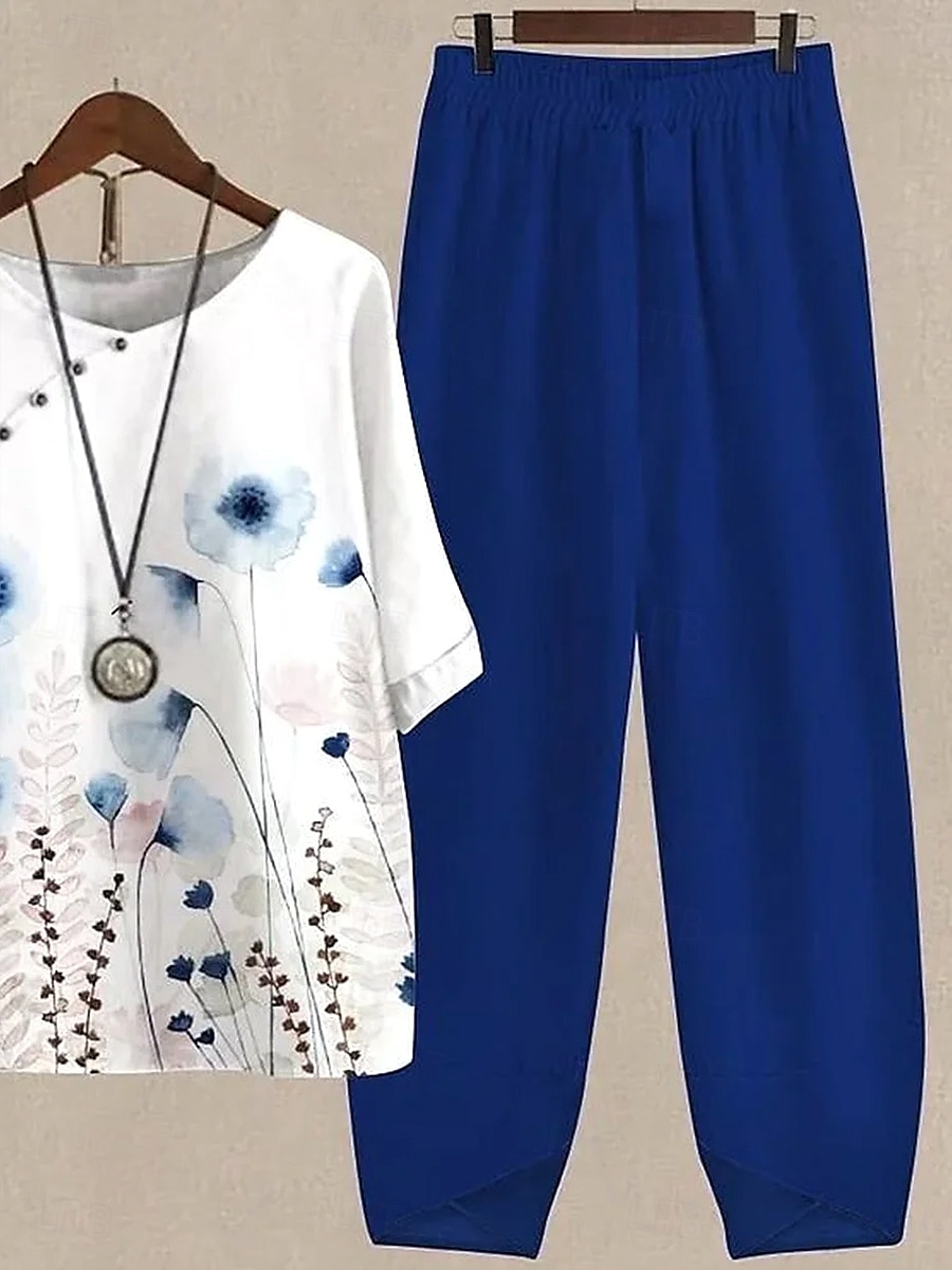 Damen 2 Teile Basic Shirt Hosen Sets Kurzarm Halbarm Rundhals Blumen Grafik Pflanzenmuster Urlaub Wochenende Dunkelblau Sommer Lockerer Schnitt 2025 - $44.99 –P3