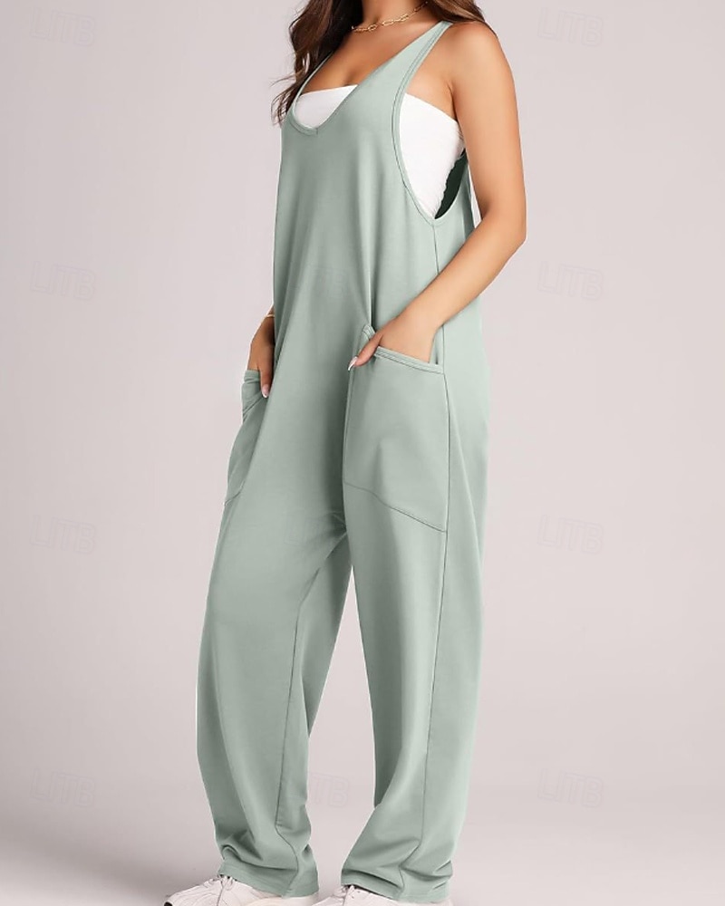tuta salopette normale da donna streetwear tinta unita senza maniche scollo a V tasche per uscire fine settimana vestibilità regolare nero verde chiaro rosa estate del 2026 a $26.99 –P1