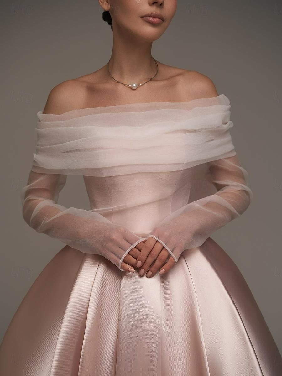 Rosa Ballkleid Satin A-Linien Cocktail Elegante Kleider Formelle Hochzeit Knöchellänge Langarm Schulterfrei Abnehmbar mit Schal 2025 - $137.99 –P2