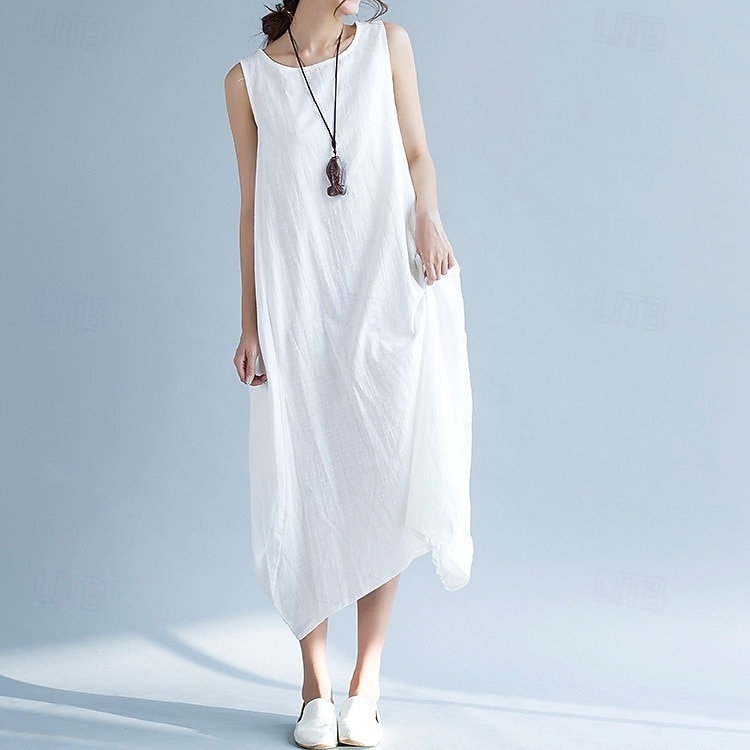 Femmes Robe Longue Maxi Robe Robes en coton et lin Robe Décontractée Mode Extérieur Soirée Fête Coupe régulière Uni Sans manches Col ras du cou Noir Blanche Violet Été de 2025 ? $36.99 –P1