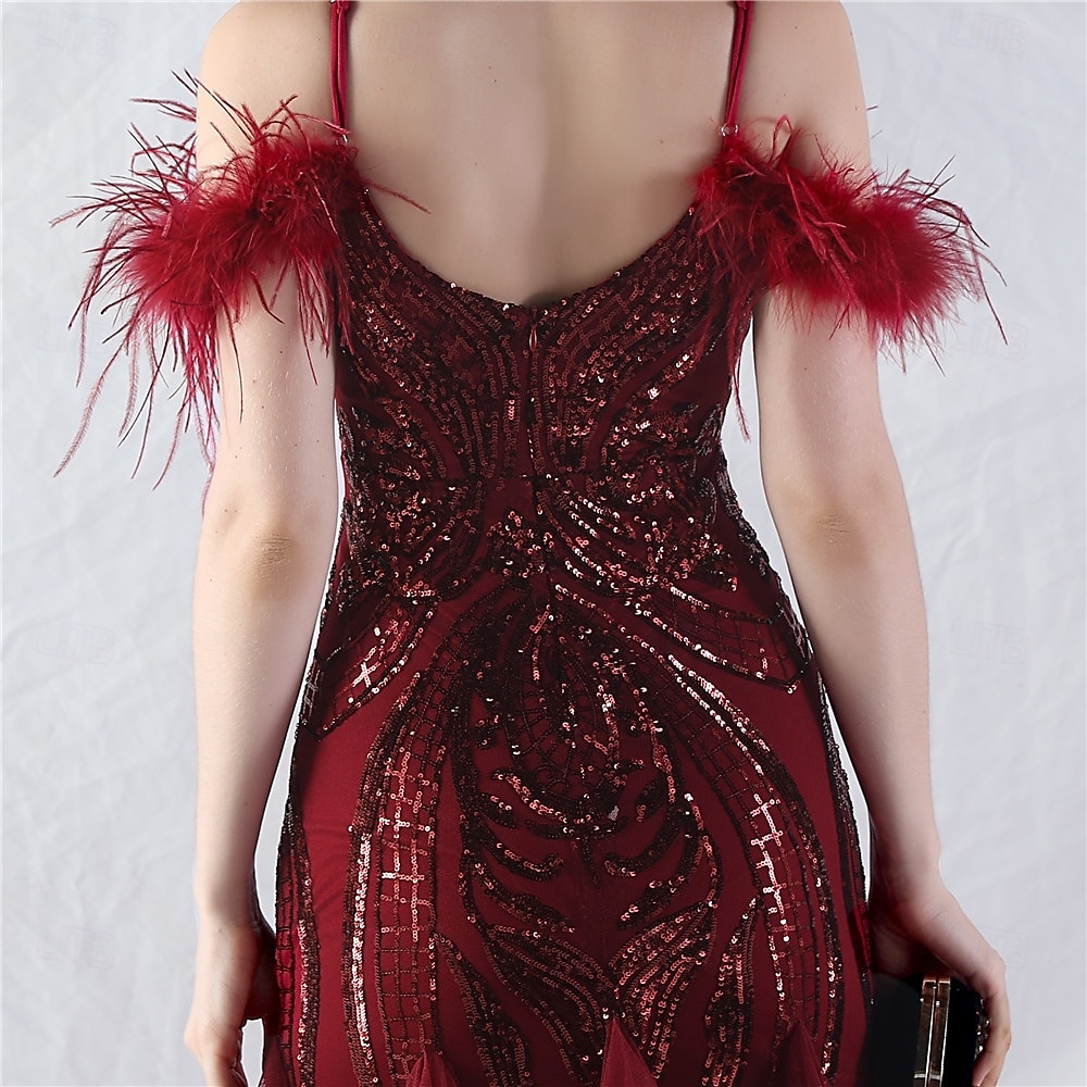 Abiti Quinceanera Mermaidi  Trumpet in Paillettes Elegante Abito Formale Semi Formale Matrimonio Lunghezza P_avimento Senza Maniche Scollo a V Tulle Volant con Piume del 2025 a $139.99 –P7