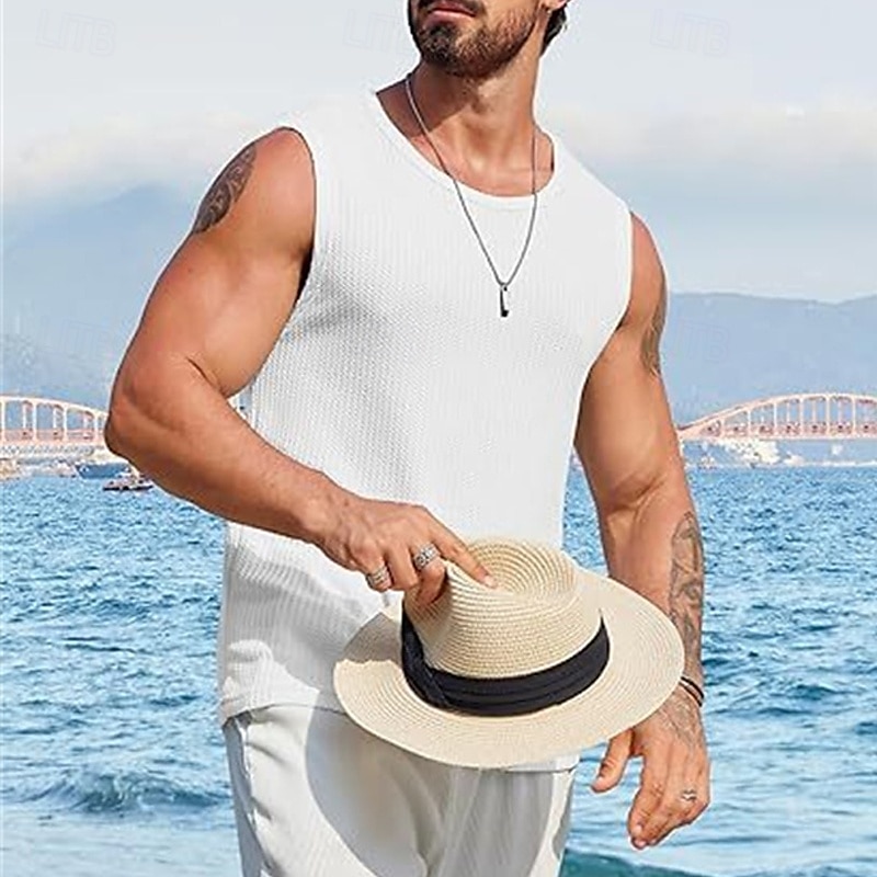 Herre Vest topp Underskjorte Ermeløs skjorte Ermeløs Crew-hals Sommer عادي Mote Designer Feriereise Gate Ut på byen Svart Hvit Navyblå Topp T-skjorte for menn 2025 - $14.99 –P2