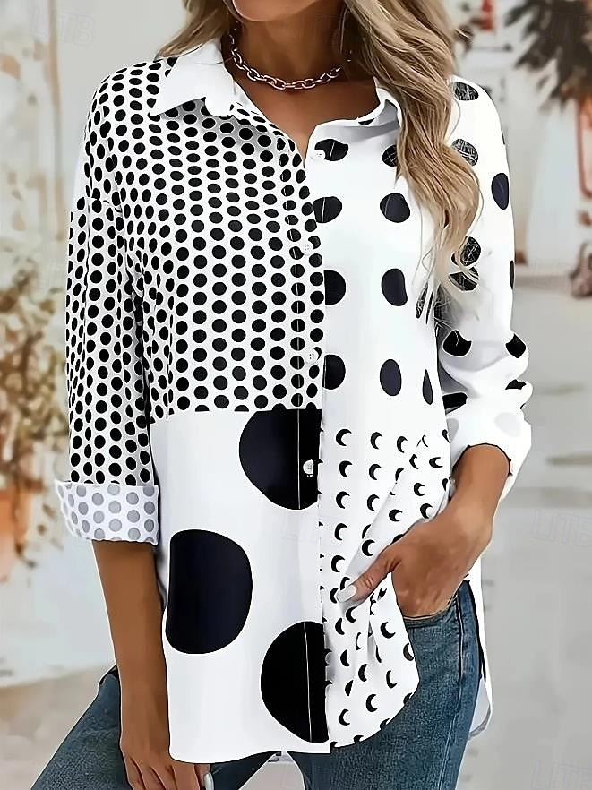 Damen Hemd Grafik Geometrisch Lässig Langarm Hemdkragen Normale Oberteile Arbeit Täglich Patchwork Knöpfe Druck Schwarz Rote Frühling Herbst 2025 - $32.99 –P2
