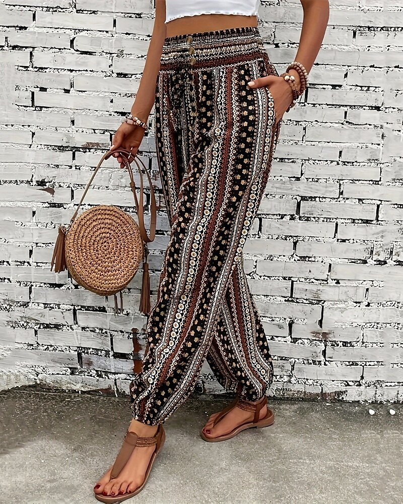 Mujer Persona que practica jogging Pantalones Vacaciones Boho Longitud total Media cintura Geométrico Cintura elástica Transpirable Cómodo Microelástico Calle Ropa Cotidiana Noche Morrón Oscuro 2025 - $19.99 –P4