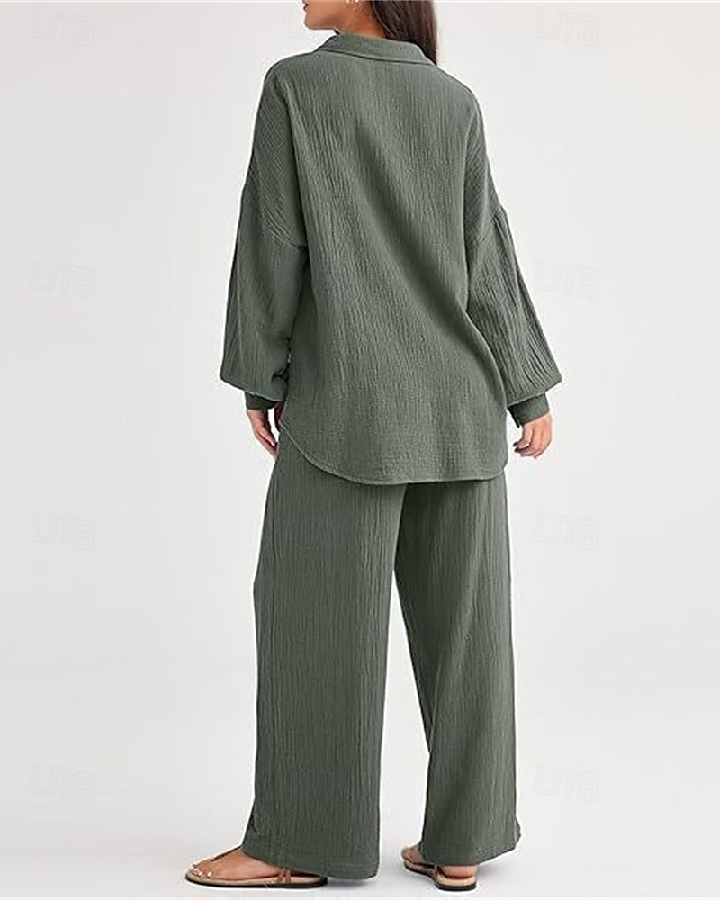 Dam Mode Streetwear Skjorta Tvådelade set Byxuppsättningar Långärmad Tröjkrage Ensfärgat Snörning Dagliga kläder Datum Svart Vin Armégrön Vår Normal 2025 - $38.99 –P6