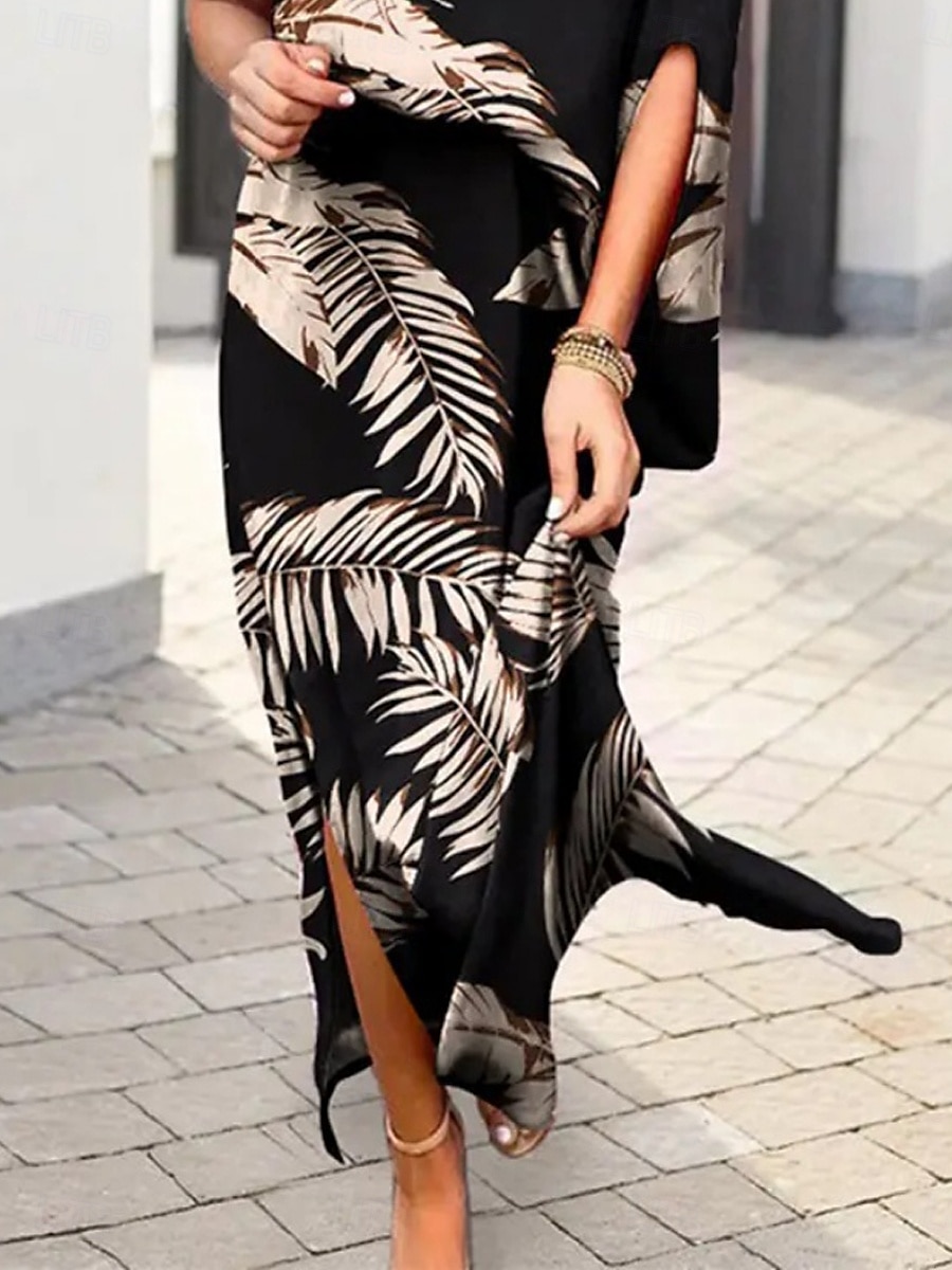 Dam Maxiklänning Off Shoulder Klänning Semester Ledigt Boho Utomhus Strand Lös passning Grafisk Löv 3/4 ärm Enaxlad Svart Vit Blå Kaki Sommar 2025 - $26.99 –P3