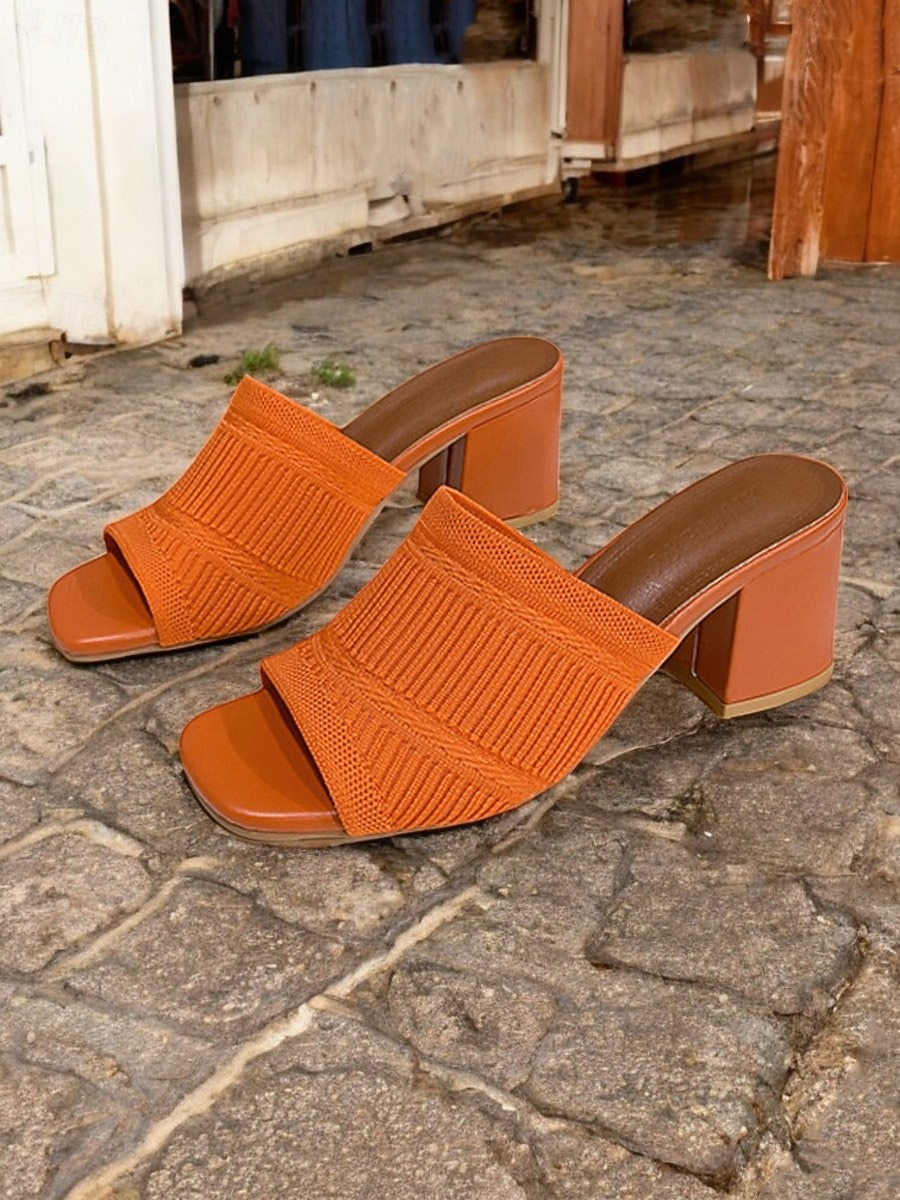 oransje strikkede sandaler med blokkhæl for kvinner – trendy teksturerte muldyr med åpen tå for daglig bruk og uformelle dater 2026 - $29.99 –P3