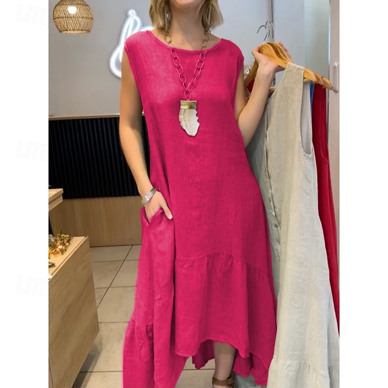 Pentru femei Rochii Midi Rochie A line Rochie de vară Casual Zilnic Concediu Plajă Fit regulat Simplu Fără manșon Stil Nautic Galben Roșu-aprins Trifoi Vară 2025 - $32.99 –P3