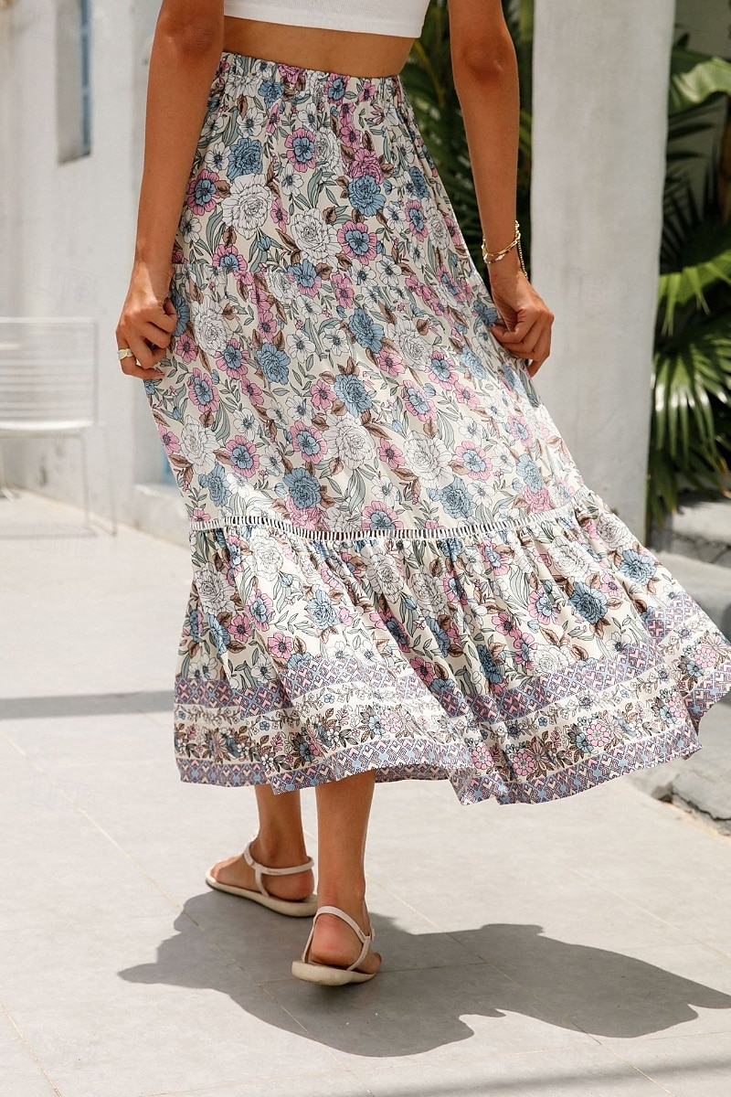 Pentru femei Fustă Boemia Casual Boho Maxi Talie Medie Fuste Floral Imprimeu Micro-elastic Vacanță Stradă Migdală Roșu-aprins Albastru piscină Portocaliu Vară Celofibră 2025 - $21.99 –P4