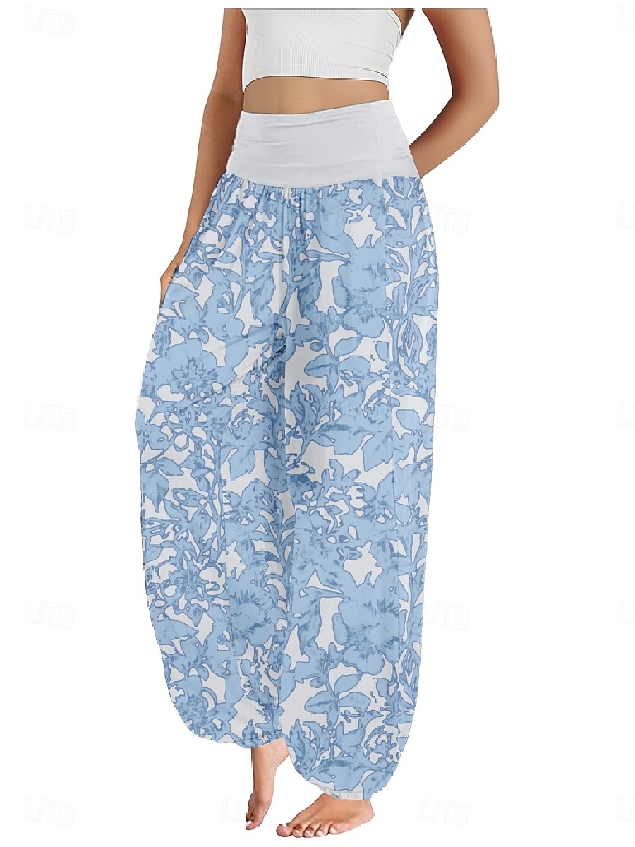 Dam Linneinspirerade byxor Brett skaft Byxor Etnisk Stil Ledigt Boho Fullängd Hög midja Blommig Ficka Elastisk midja Tryck Mateial som andas Mjuk Microelastisk Utomhus Yoga Rosa Kungsblå Blå Purpur 2025 - $20.99 –P4