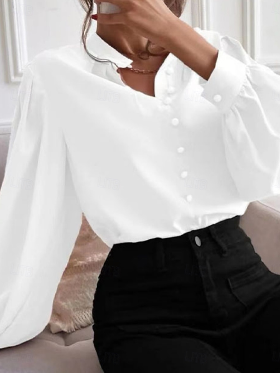 Women's Shirt Solid Color Floral Stylish Basic Casual Long Sleeve Shirt Collar Regular Tops Daily Buttons Black White Blue Khaki Summer Spring 2025 - $22.99 –P5