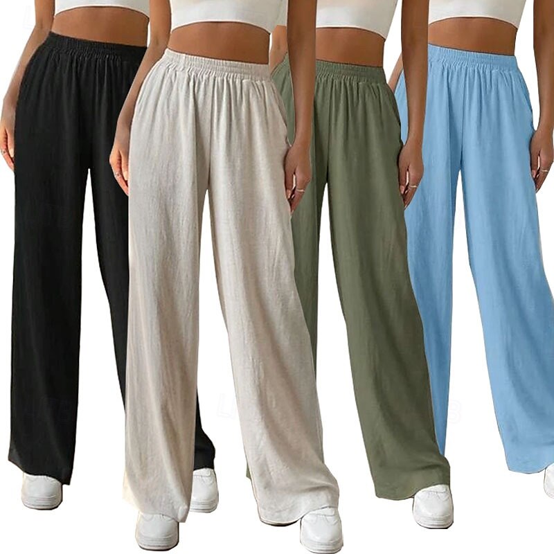 Women's Cotton Linen Pants Slacks Streetwear Casual Full Length Natural Plain Pocket Elastic Waist Comfy Comfortable Casual Daily Weekend Apricot Light Sky Blue Black Army Green Summer Regular Fit 2025 - €32.99 –P1