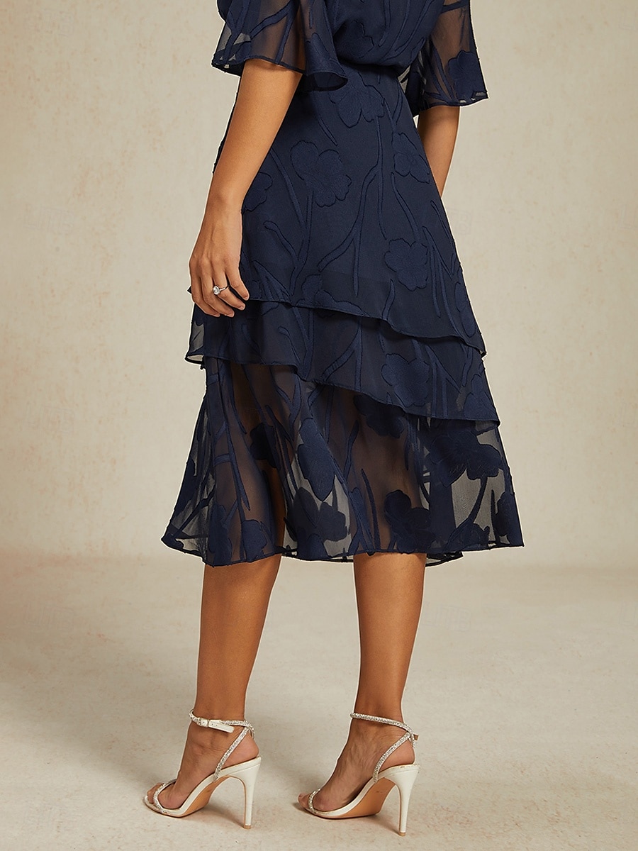 Dame الالتفاف Elegant Midi Medium Midje Skjørt Blomster Multi Layer Uelastisk Fest Avslappet Navyblå Sommer Chiffon 2025 - $56.99 –P4