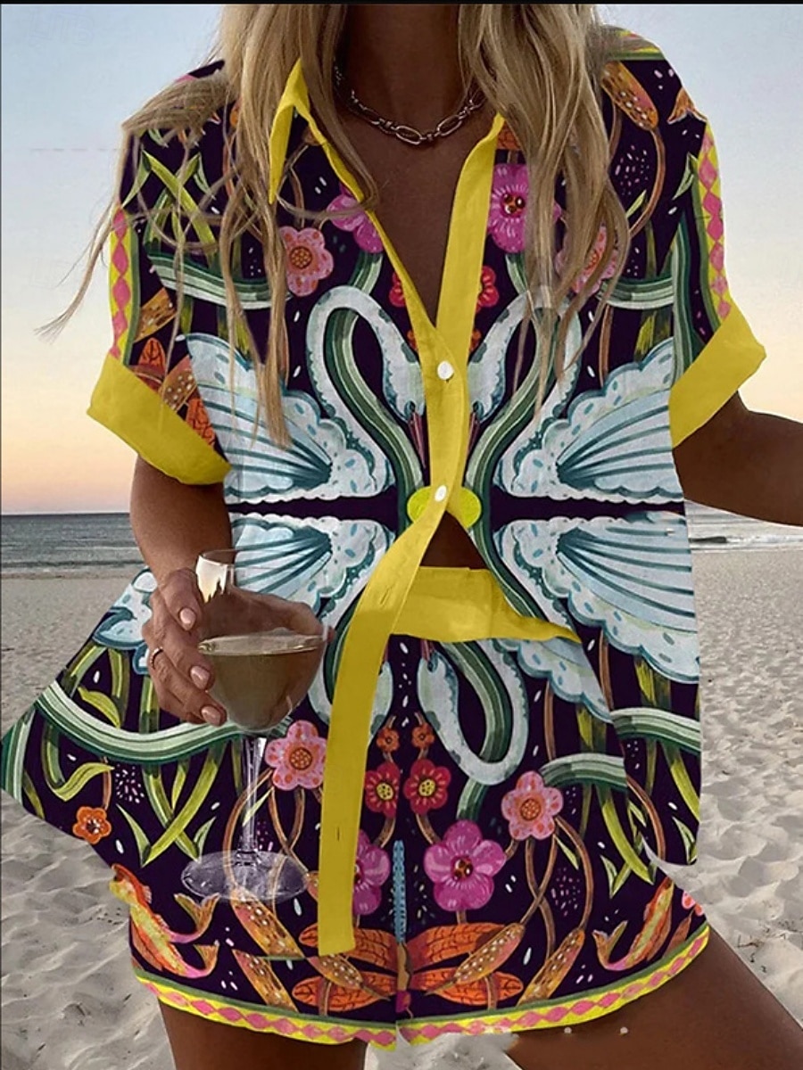 Women's 2 Pieces Fashion Streetwear Daily Shorts Sets Short Sleeve Shirt Collar Floral Graphic Print Vacation Casual Daily Yellow Pink Red Summer Regular Fit 2026 - $44.99 –P1