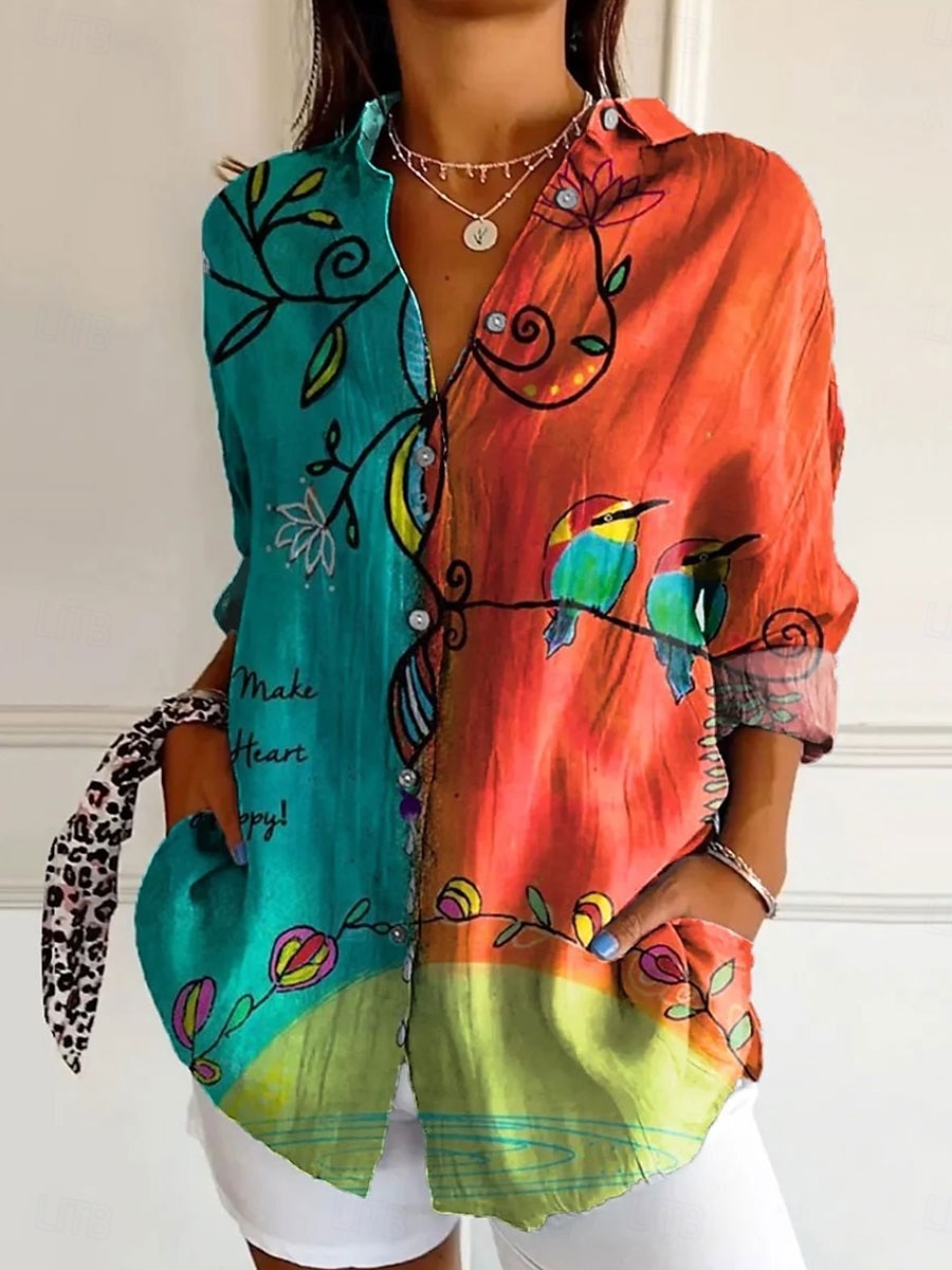 Women's Shirt Floral Graphic Bird Daily Stylish Casual Long Sleeve Shirt Collar Regular Tops Work Daily Buttons Print Red Blue Sky Blue Orange Green Summer Spring 2025 - $32.99 –P1