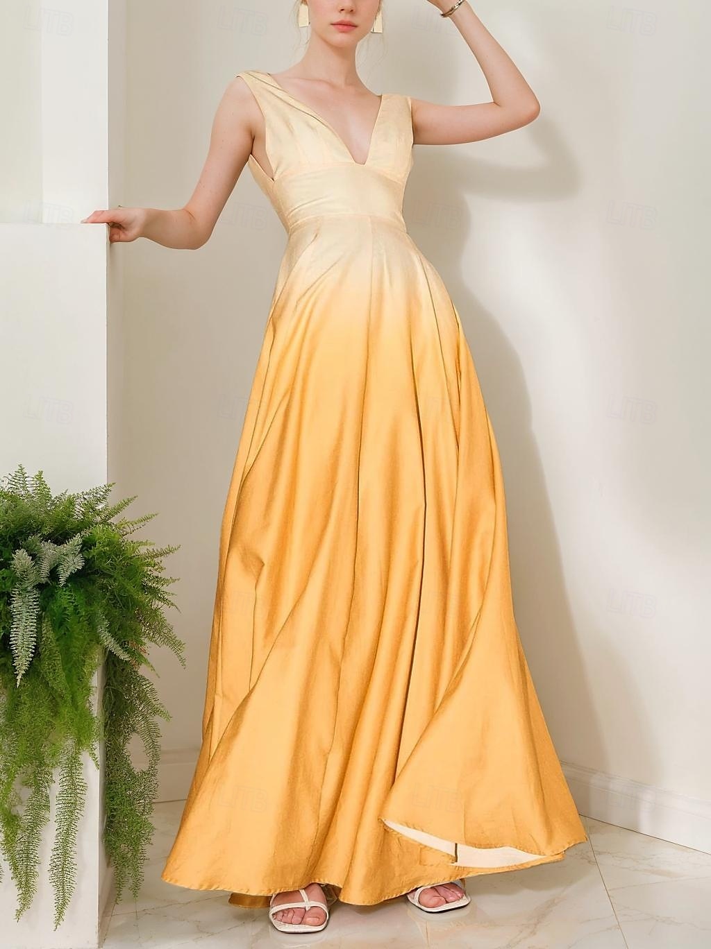 Ombre Yellow Dress Evening Gown Semi Formal Wedding Guest Floor Length Sleeveless Off Shoulder Plunge Neck Satin with Pleats 2025 - $126.99 –P1
