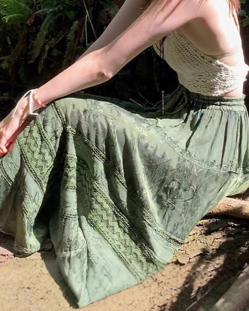 Pentru femei Fustă Boemia Boho Midi Talie Medie Fuste Floral Imprimeu Micro-elastic Stradă Ieșire Verde Vară Poliester 2025 - $21.99 –P7