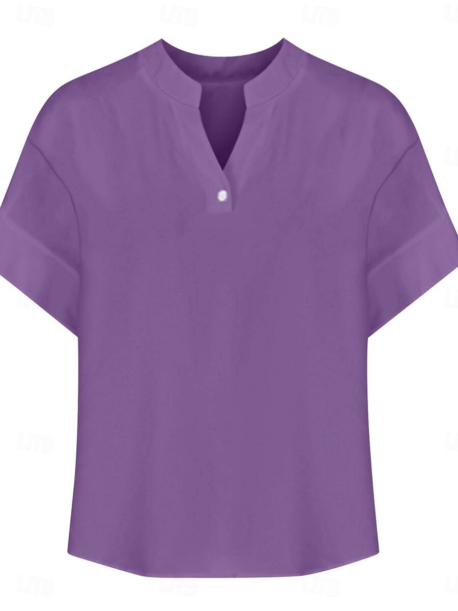 Dames Blouse Effen Basic Casual Korte mouw Gekerfde nek Normale tops Dagelijks Knop Zak Rood blauw Paars Beige Zomer Lente 2025 - $19.99 –P4